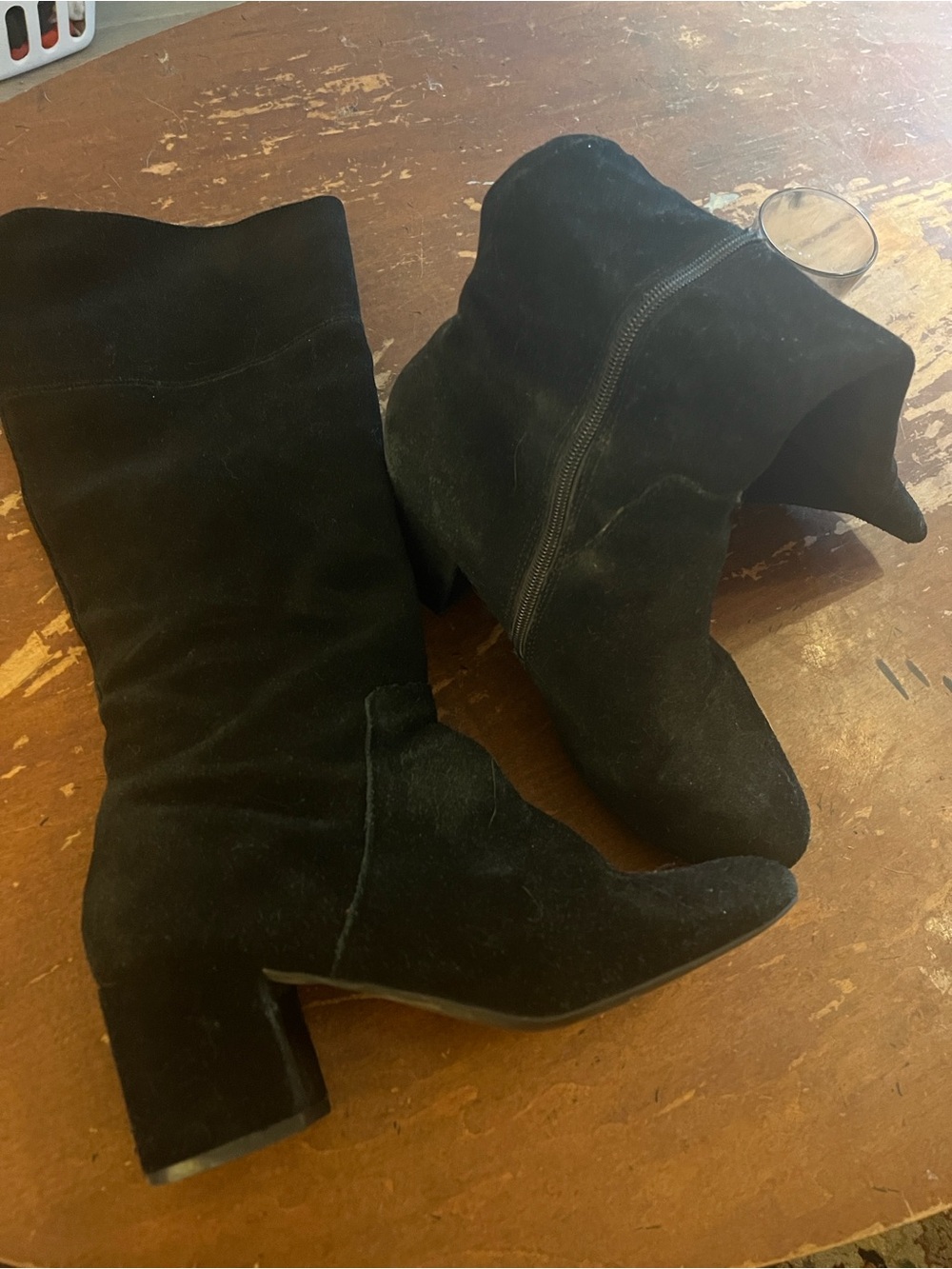 Black Suede Mid-Calf Block Heel Boots
